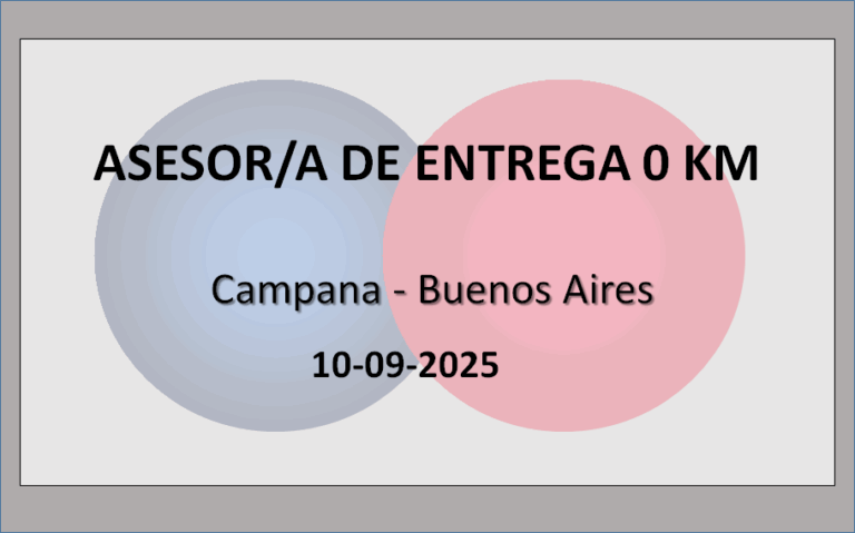 Asesor/a de Entrega 0 KM para importante Concesionaria de la ciudad de Campana.
